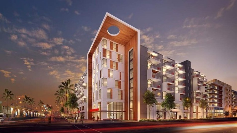 Architectural rendering of The Beacon mixed-use housing development in Long Beach at dusk